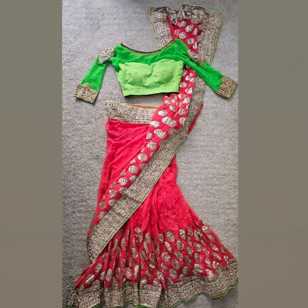 Neon Pink and Green Ready-made Saree
